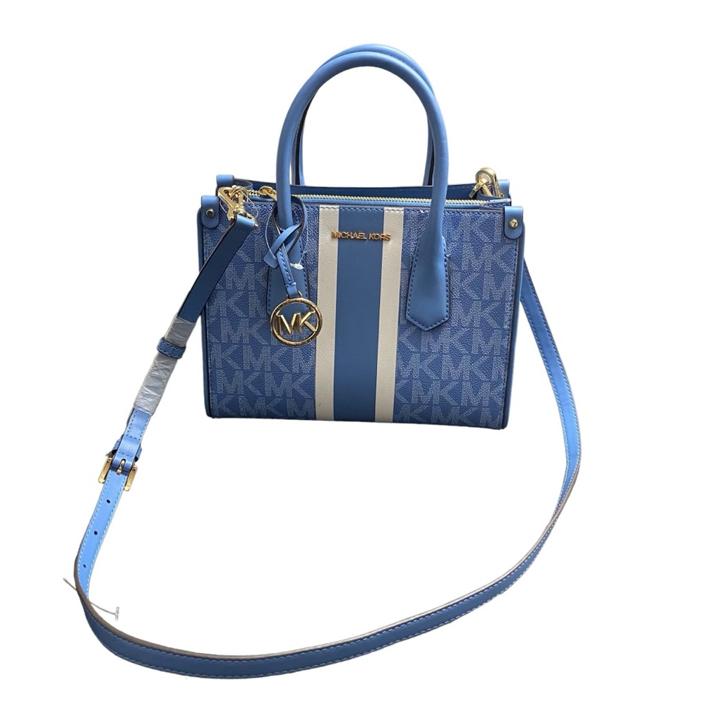 New MICHAEL KORS CENTER STRIPE MAPLE SM SATCHEL BRT BLUE WHITE CROSSBODY BAG - Picture 2 of 14